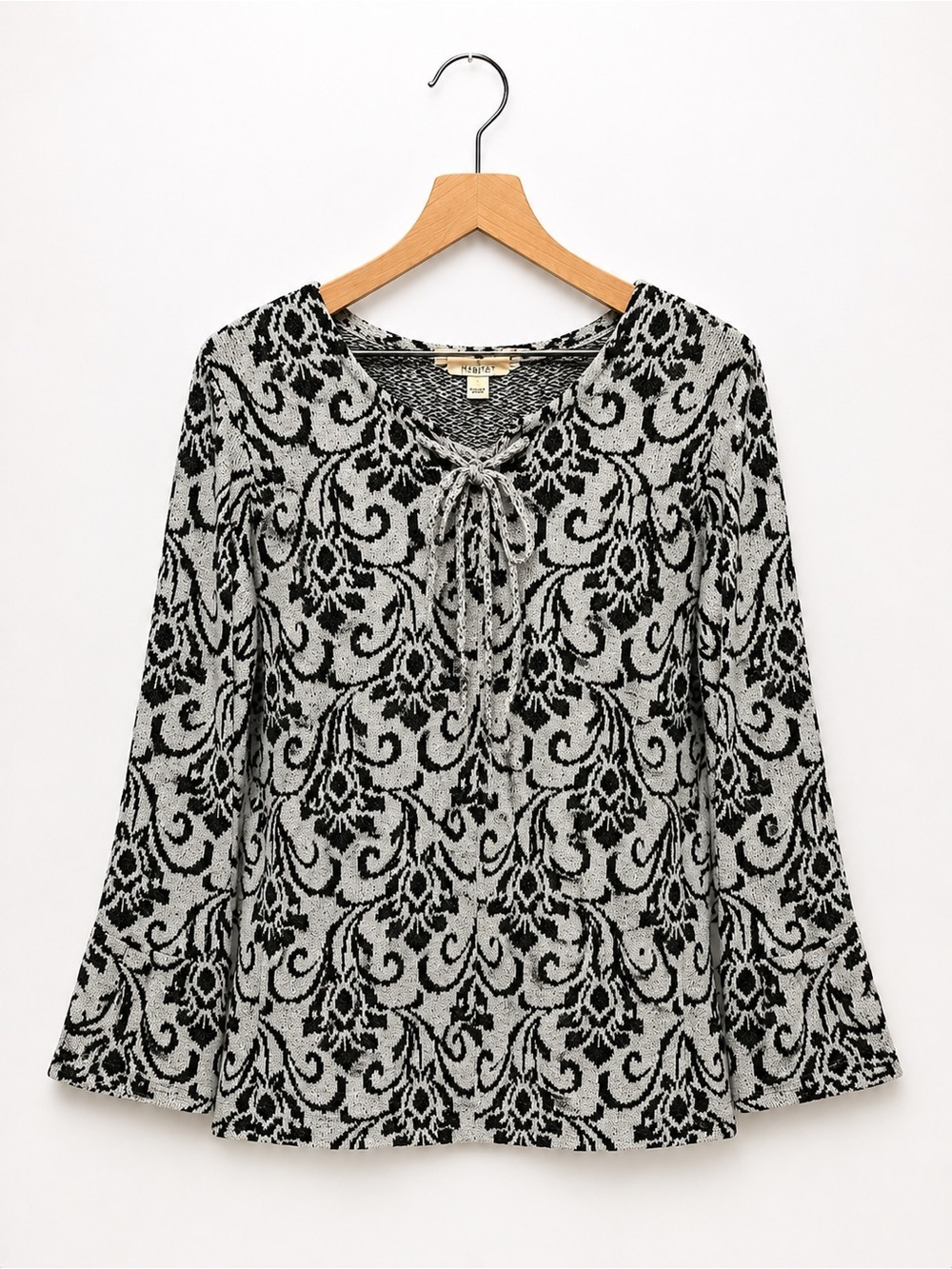 ONE WORLD Eyelash Knit Black and Gray Tie-Neck Sweater (327)